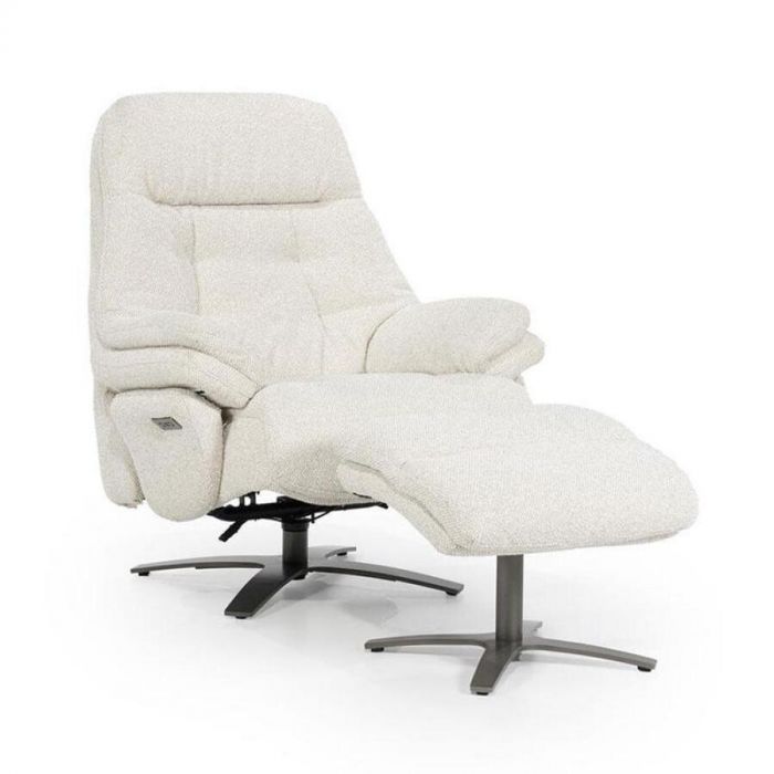 Draaifauteuil Caleb van Eleonora in beige, inclusief voetenbank, met een comfortabele en moderne vormgeving.