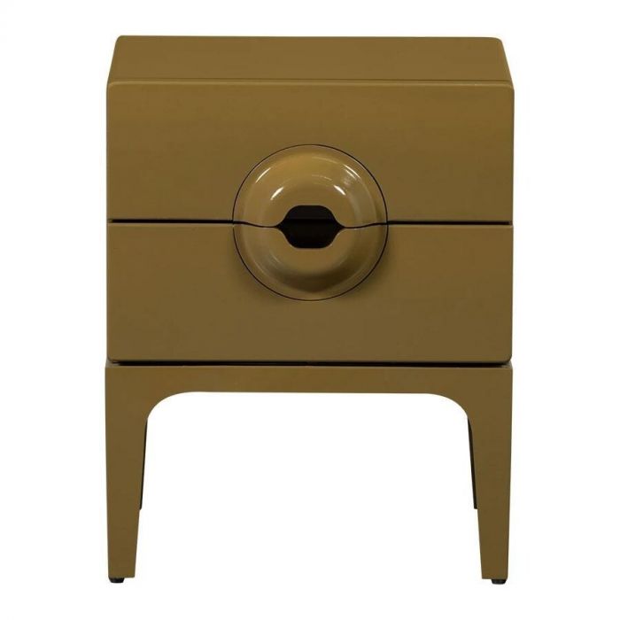 Kastje Merge van WOOOD, honinggele kleur, met twee lades en afgerond design, vooraanzicht.