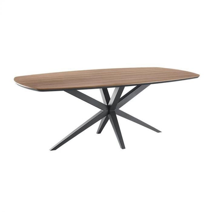 Eettafel Warita van INHOUSE met Deens ovaal blad en zwart metalen matrixpoot, zijaanzicht.