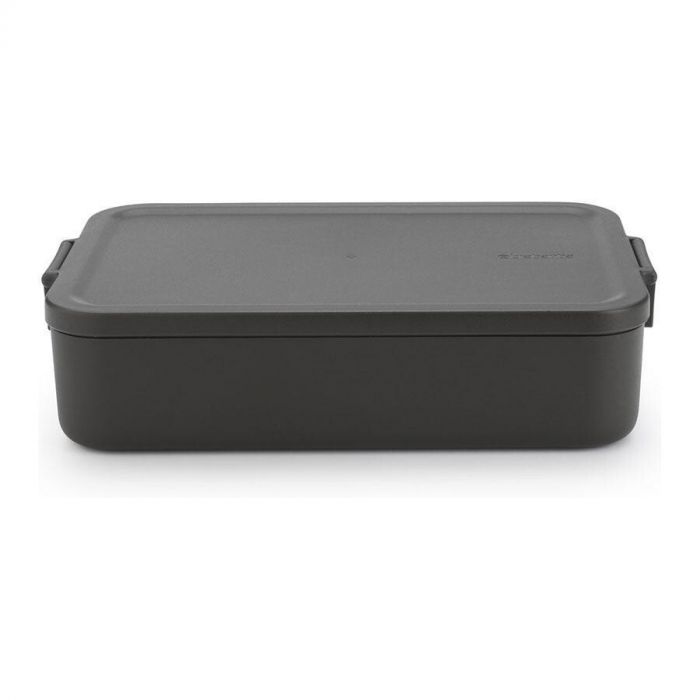 Een donkere Brabantia Make & Take Lunchbox Large met een strak, minimalistisch ontwerp en stevige clips op het deksel.
