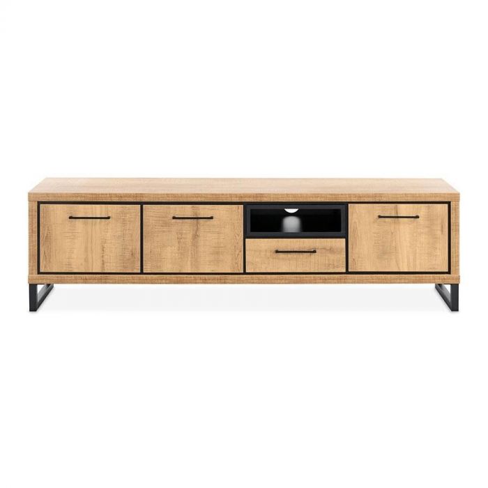 TV-meubel Imbaro 178 cm breed met mango decor, met drie deuren, een lade en een open vak.