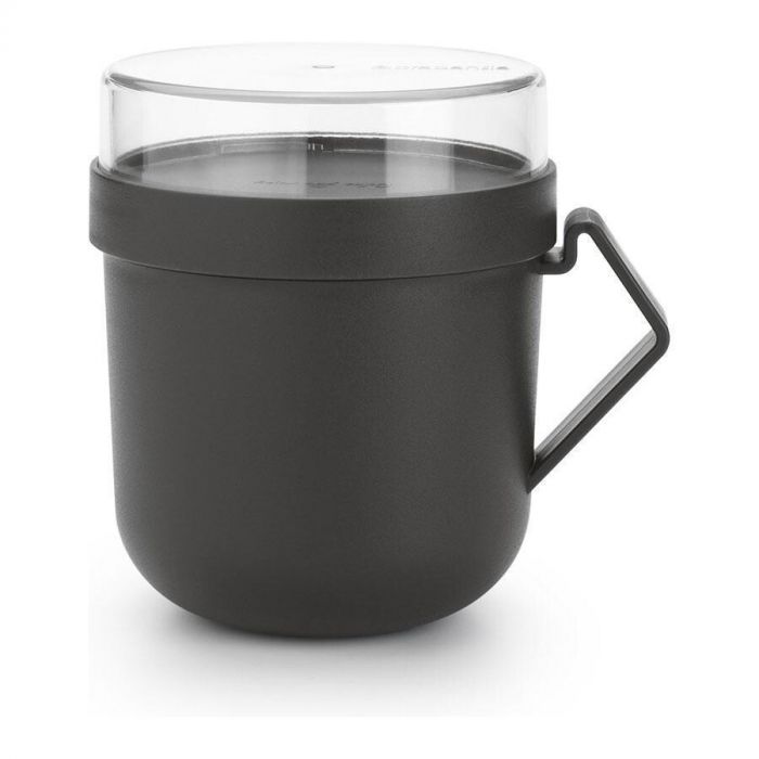 Donkergrijze Brabantia Make & Take soepbeker met transparante deksel en een handige zijhandgreep.