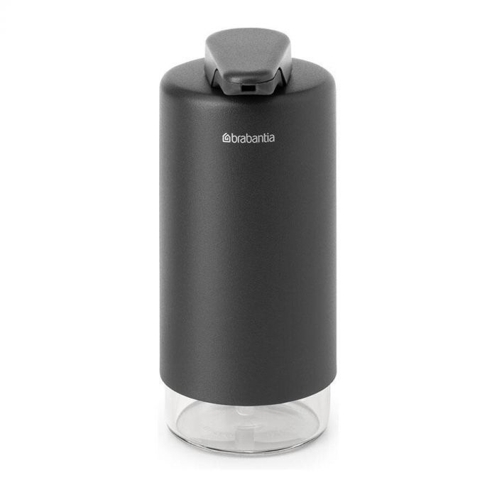 Close-up van de Brabantia SinkStyle Zeepdispenser in donkergrijs, met metalen behuizing en glazen reservoir.