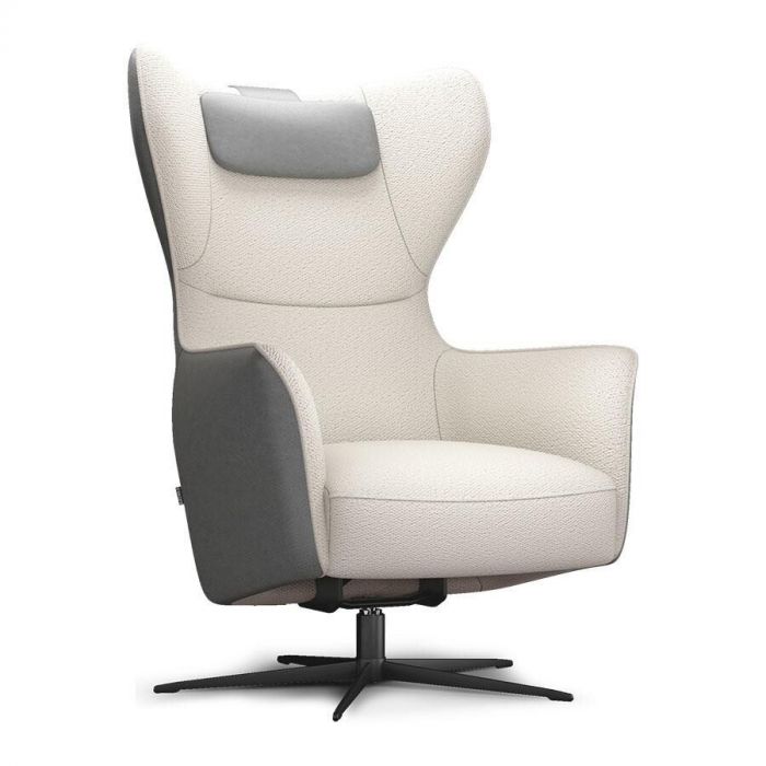 Castleton relaxfauteuil in crème stof en grijs leder met zwart draaibaar onderstel van metaal, vooraanzicht met verstelbare hoofdsteun.