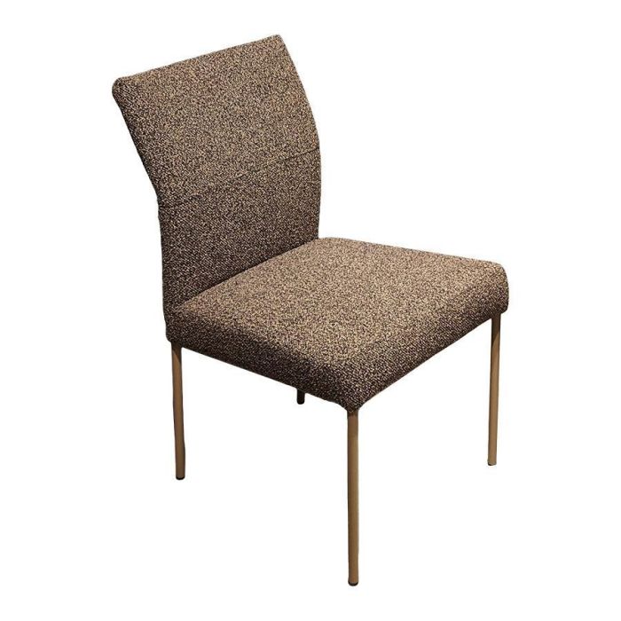 Hansen eetkamerstoel met gemêleerde bekleding en slank rond buisframe in schuin vooraanzicht.