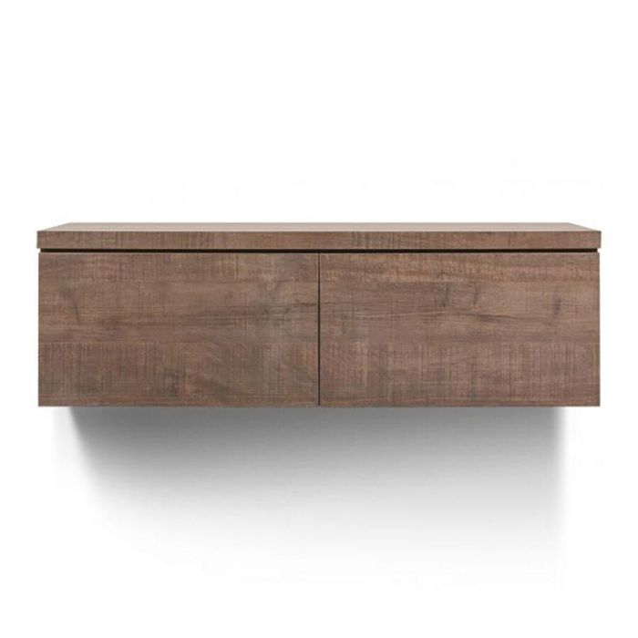 Hangend TV-meubel Lorina van Inhouse, volledig in beeld, met een strak design in donker mangohout, zonder decoratie, en met 2 deuren zonder greepjes.