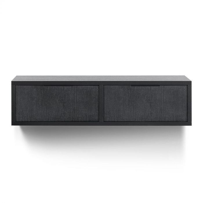 Zwevend tv-meubel Verdio in zwart melamine, met twee klepdeuren en een strak, minimalistisch design.