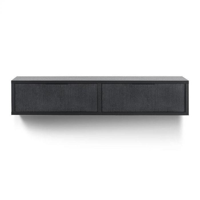 Vooraanzicht van zwevend tv-meubel Verdio in zwart, met een strak en minimalistisch design.