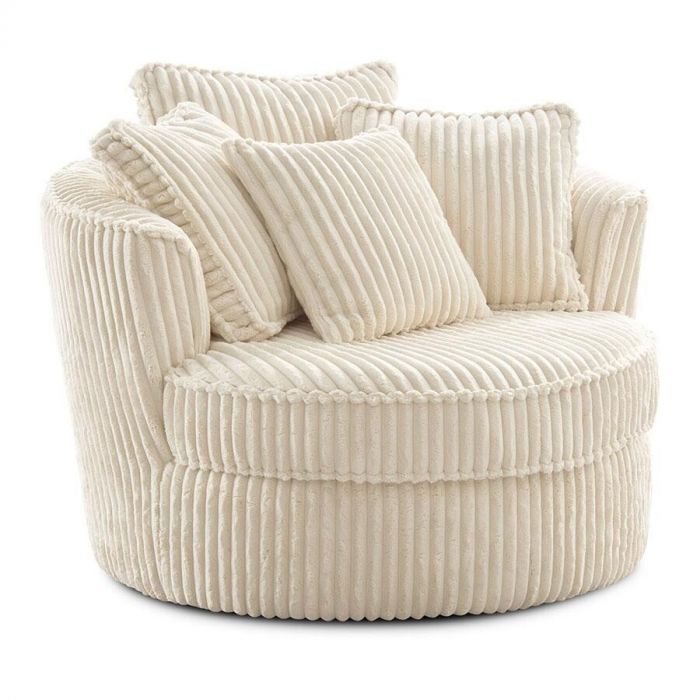 Draaifauteuil Luciria van IN.HOUSE in beige ribstof, met ronde vorm en drie zachte sierkussens, zijaanzicht.