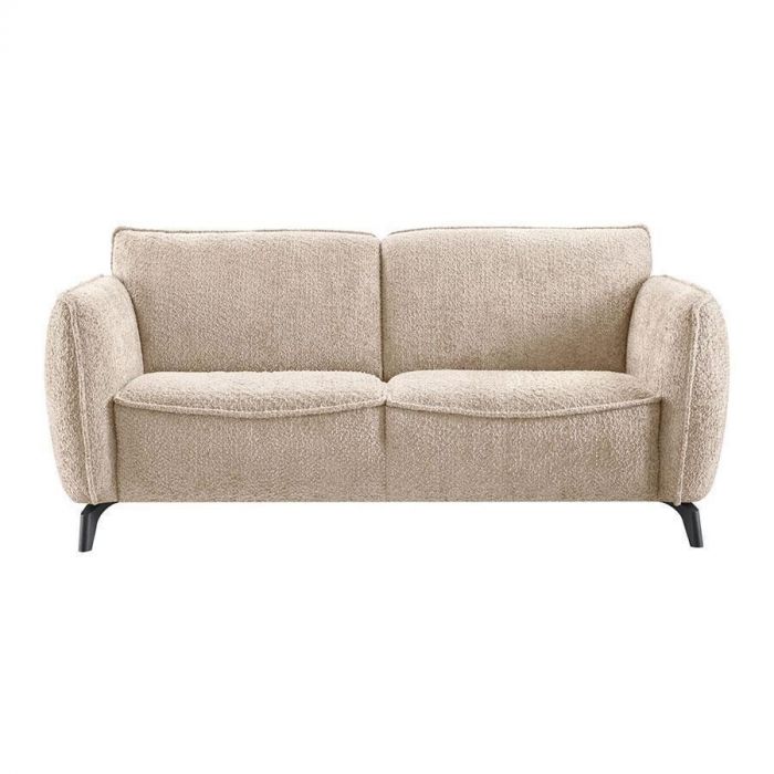 Vooraanzicht van de 2-zitsbank Salanti van IN.HOUSE in lichtbruin bouclé met metalen poten.