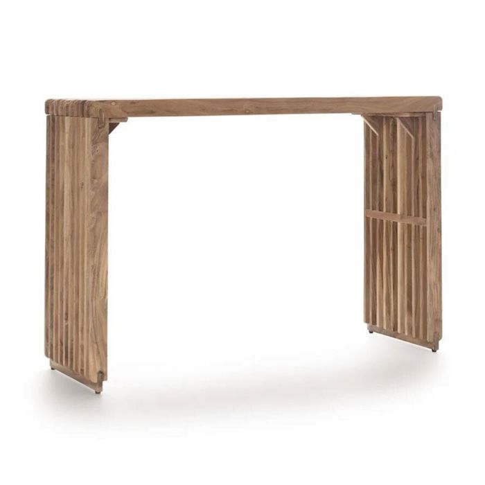 Natuurlijke wandtafel Lino van COCO Maison, volledig zichtbaar met een open ontwerp en houten spijlen in een naturel afwerking.