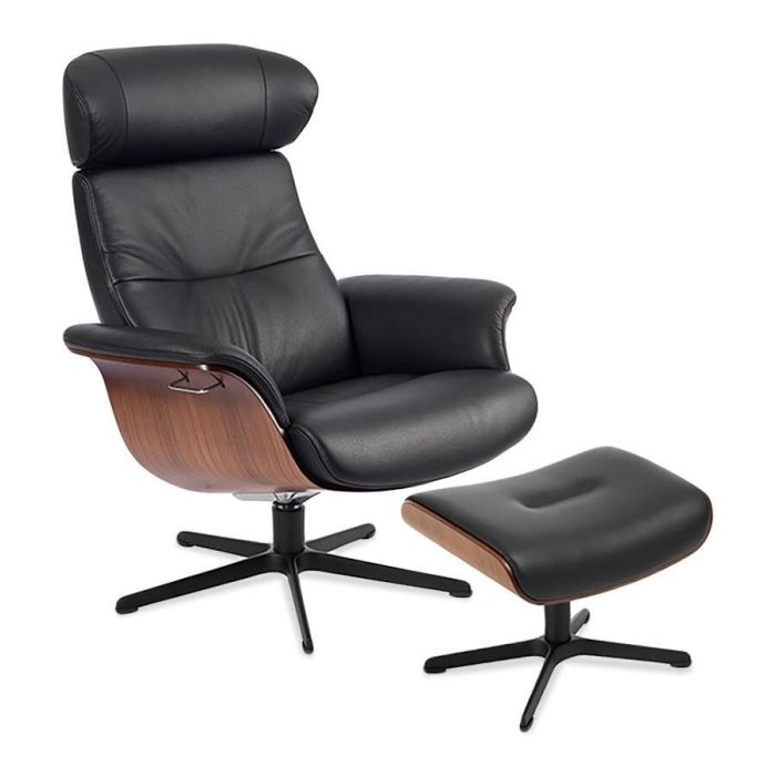 Relaxfauteuil met hocker in zwart leer en houten afwerking, voorzien van een actiebutton.