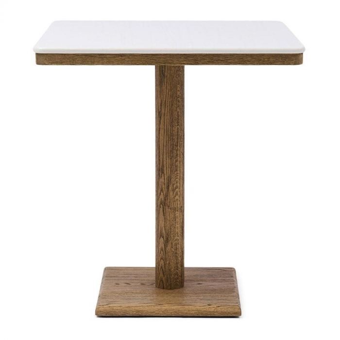 Bistrotafel Amalfi met een wit marmeren blad en een donkerbruin gelakt eikenhouten onderstel.