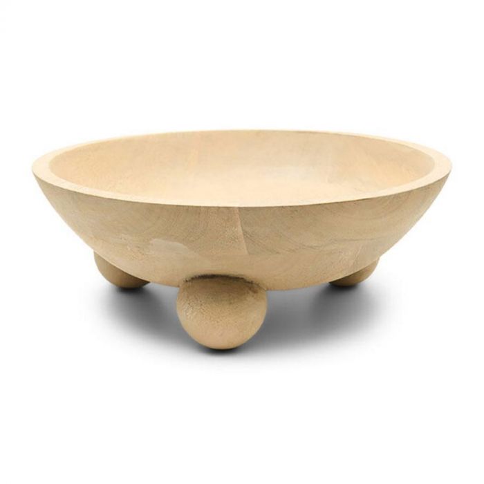 Rivièra Maison fruitschaal Veneto van mangohout met ronde vorm en drie bolvormige pootjes op een witte achtergrond.