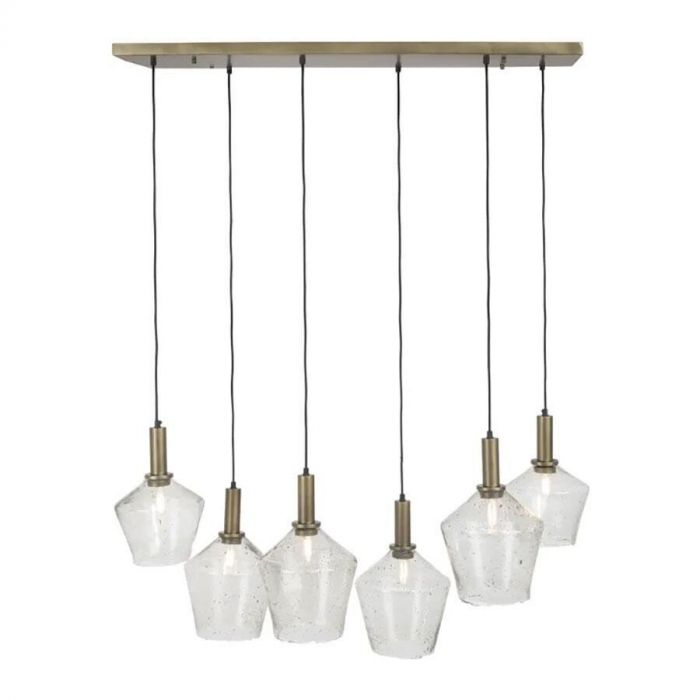 Amy hanglamp van COCOmaison met zes lichtpunten, een gouden armatuur en unieke burned ash glazen kappen.