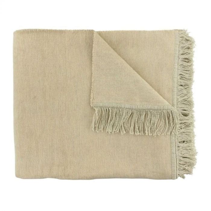 CLAUDI Plaid Paulos in een zachte latte-kleur met decoratieve franjes, perfect als stijlvolle toevoeging aan je interieur.