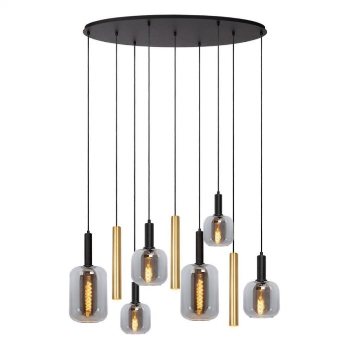 Hanglamp Lucide Joanet Tube met zeven lichtpunten van glas en messing, hangend aan een zwarte plafondplaat.