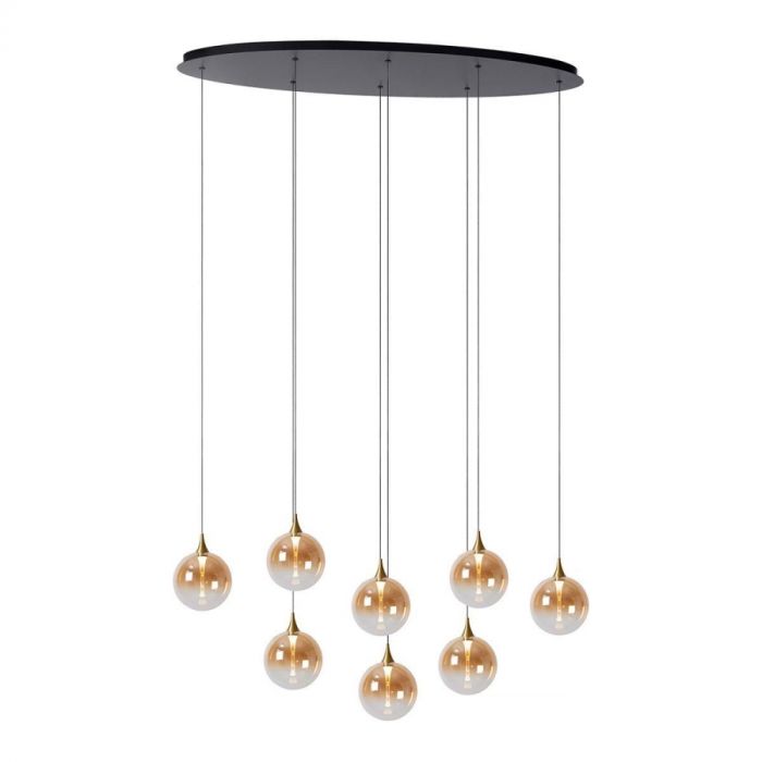 Lucide Premium Hanglamp Gisela Amber met acht amberkleurige glazen bollen aan een zwarte plafondplaat.