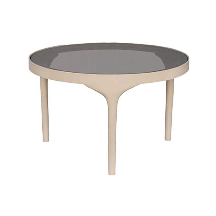 Salontafel Montana van New Routz, een ronde tafel met zandkleurig frame en bruin getint glazen blad.