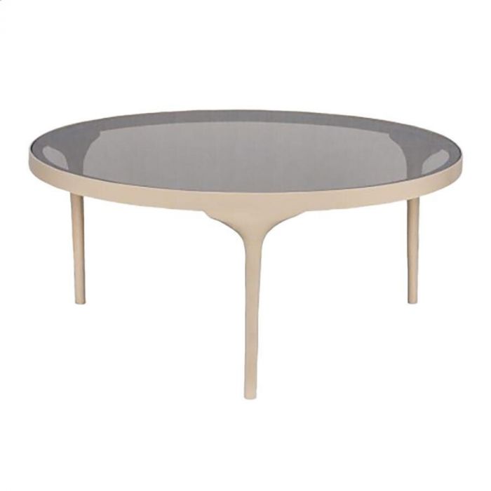 Salontafel Montana van New Routz, een ronde tafel met zandkleurig frame en bruin getint glazen blad.