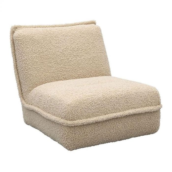 Zijaanzicht fauteuil Limone van Trendhopper met zachte beige bouclé stof.