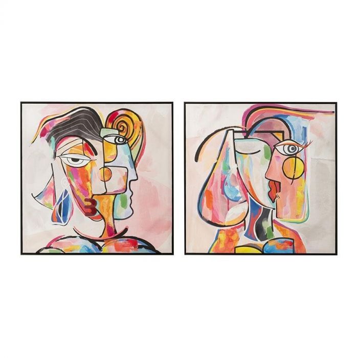 Set van twee wanddecoraties met abstracte gezichten in levendige kleuren, omlijst in een zwart houten frame.