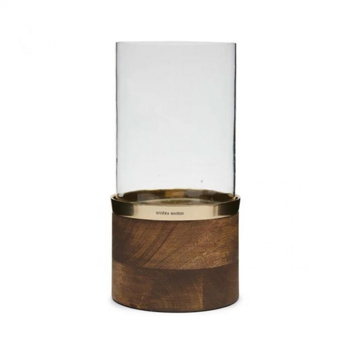 Windlicht Laglio S van Rivièra Maison met glazen cilinder en houten basis met goudkleurig detail.