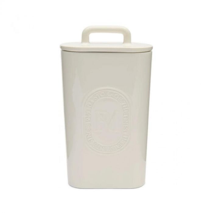 witte  voorraadpot The Finest van Rivièra Maison met reliëflogo en deksel met handvat.