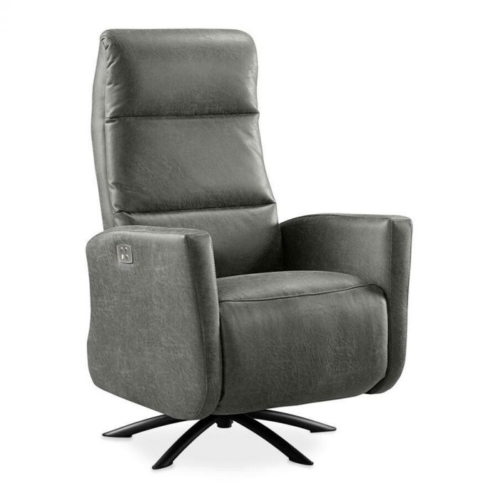 Draaifauteuil Cervan in groen leder met een moderne vijfteensvoet in zwart metaal, ideaal voor comfortabel loungen.