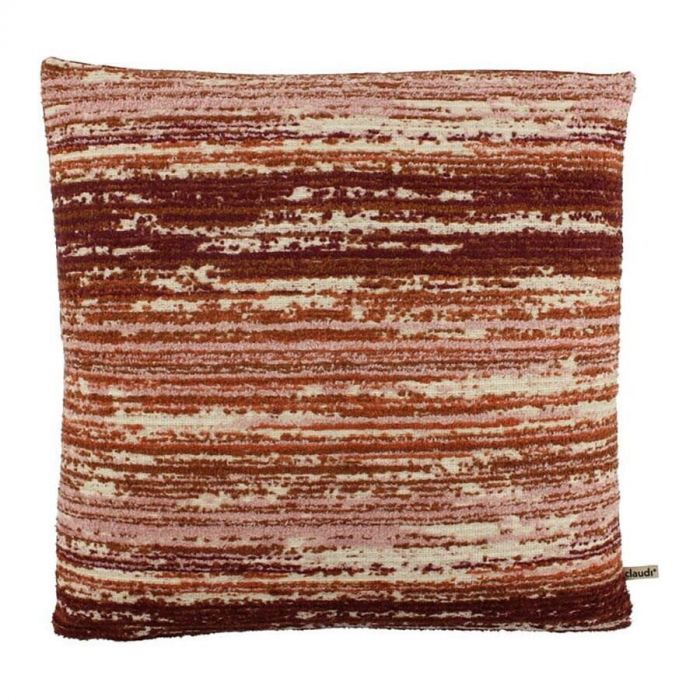 Claudi Sierkussen Escapelia Exclusive Rust met een luxueuze fluweelzachte stof en een dynamisch streeppatroon in warme roest-, beige- en crème tinten.