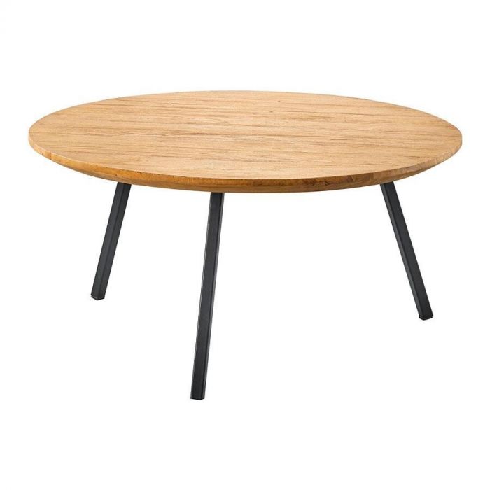 salontafel Aska – Ronde houten bijzettafel van Pronto Wonen met een naturel teak blad en drie zwarte metalen poten, strak en tijdloos design.