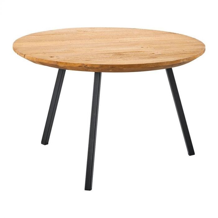 Bijzettafel Aska – Ronde houten bijzettafel van Pronto Wonen met een naturel teak blad en drie zwarte metalen poten, strak en tijdloos design.