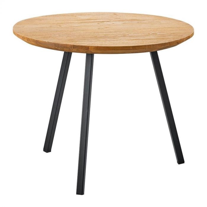 Bijzettafel Aska van Pronto Wonen – Ronde houten bijzettafel van Pronto Wonen met een naturel teak blad en drie zwarte metalen poten, strak en tijdloos design.