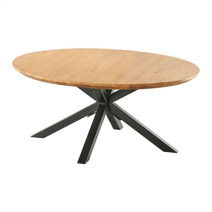 Ovale salontafel Romaro van Pronto Wonen met een teak houten blad en zwart metalen spinpoot.