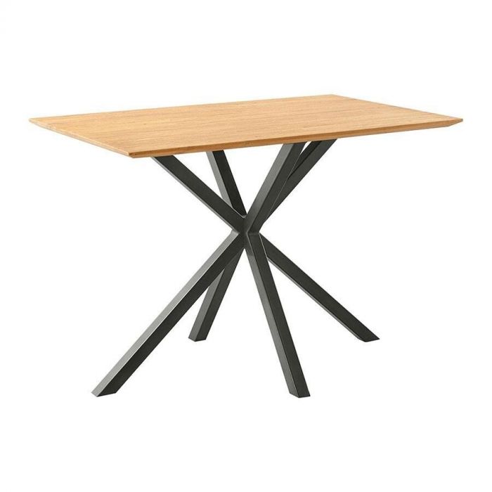 Bartafel Aska van Pronto Wonen heeft een teakhouten rechthoekig blad en een zwart metalen spinpoot.