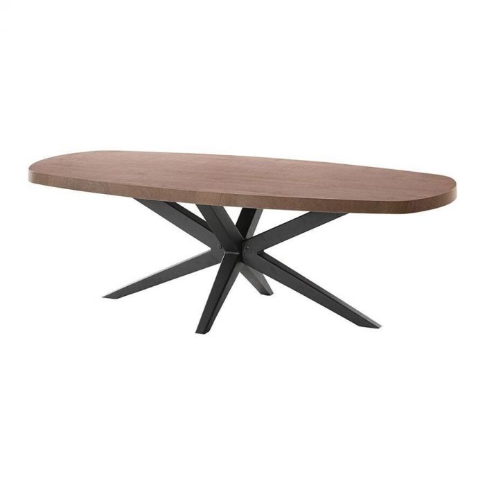 Salontafel Mascaro schuin vooraanzicht – Een Deens-ovale salontafel met een donker mangohouten blad en een metalen spinpoot, modern en stijlvol.