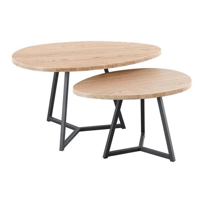 Salontafelset Locarnio van Pronto Wonen met twee ronde bladen in Misty Oak en zwart metalen onderstellen.