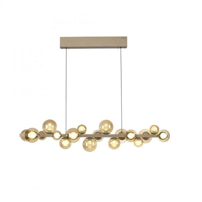 PURE E-Popup LED hanglamp bronskleur met amberkleurige glazen bollen en strak rechthoekig plafondpaneel.
