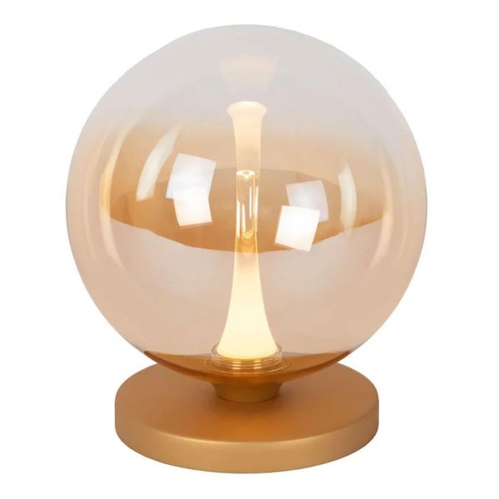 Close-up van de Lucide Tafellamp Gisela Amber met amberkleurige glazen bol en gouden voet.