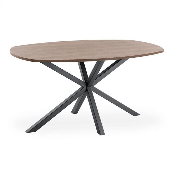 Deens ovale eettafel Rizoma met donker mangokleurig melamine blad en zwart metalen spinpoot