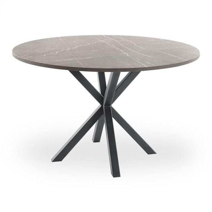 Ronde eettafel Rizoma met een donker marmerdecor blad en zwart metalen spinpoot.