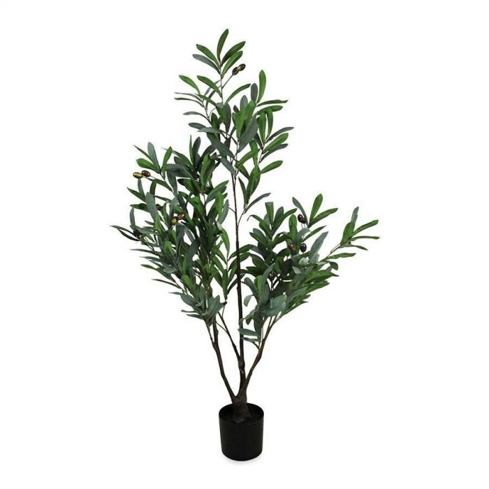 Kunst olijfboom in zwarte pot, met realistische groene bladeren en olijfvruchten voor een mediterrane uitstraling
