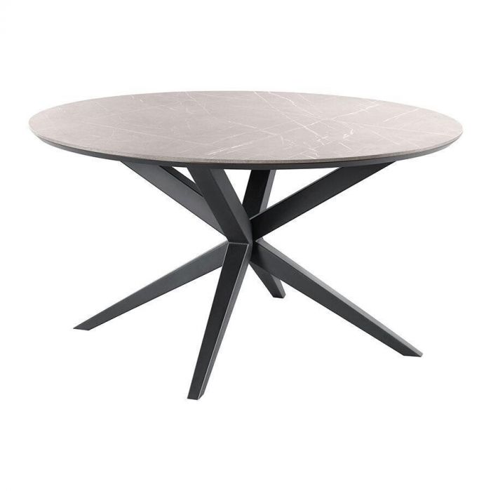 Ronde eettafel Warita van Inhouse met een keramisch blad in grijstint en een robuust zwart metalen kruispoot.
