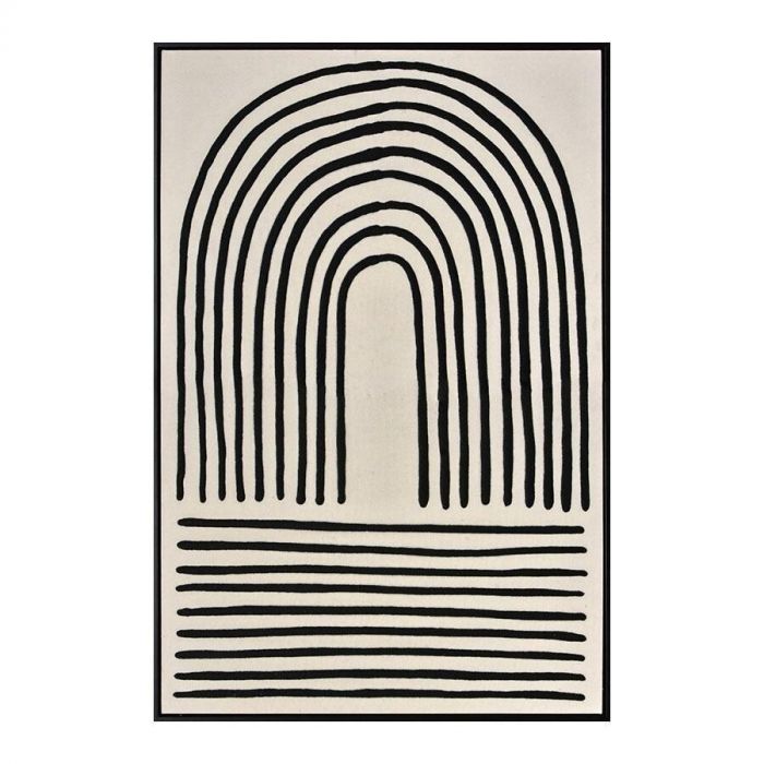 Abstracte wanddecoratie Arch 3D met een boogvormig zwart lijnenspel op een crèmekleurige achtergrond, omlijst in een zwarte lijst.