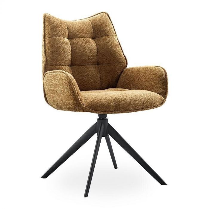 Eetkamerstoel Rindo in trendy kleur met zachte Movie-stof, zwarte metalen draaipoot en doorgestikte rugleuning