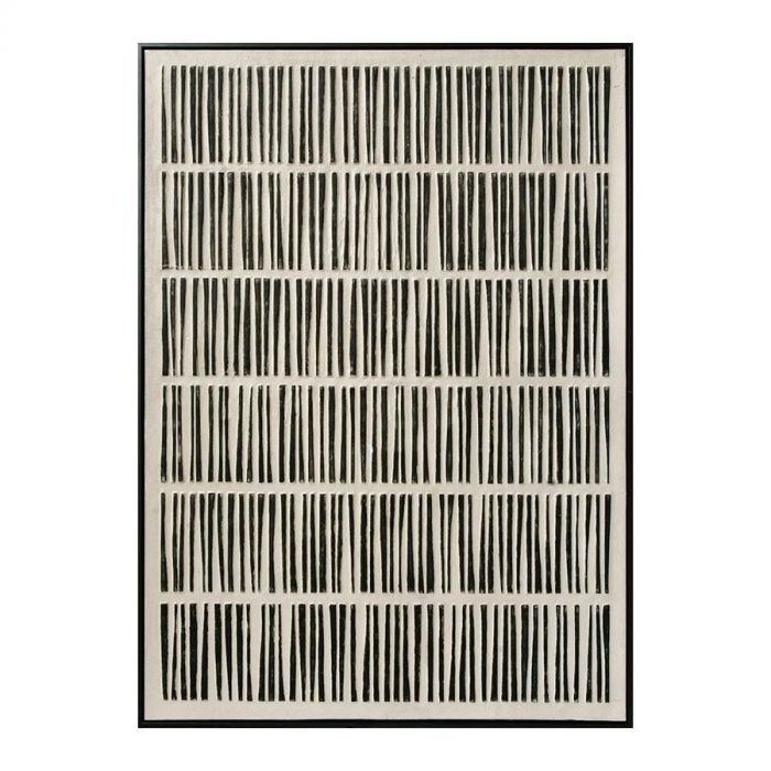 Canvas wanddecoratie '3D Stripes' van Ter Halle, 83x123 cm, met een abstract patroon van zwarte verticale lijnen op een beige achtergrond, omlijst in een zwarte lijst.