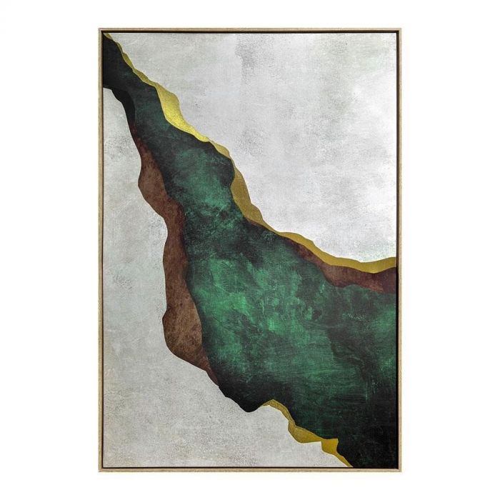 Canvas wanddecoratie '3D Marble Green' van Ter Halle, 83x123 cm, met een abstract design in smaragdgroen, bruintinten en goudfolie, omlijst in een goudkleurige lijst.