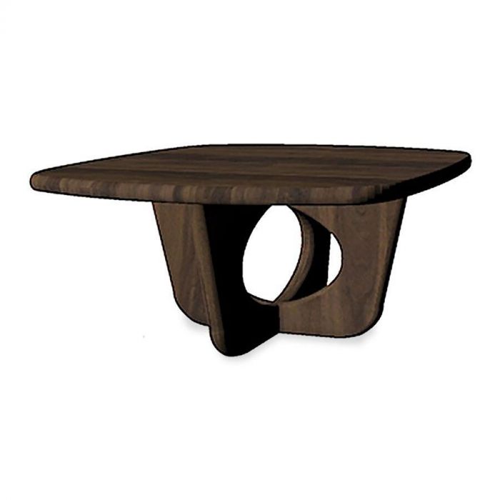 Salontafel Aquarius van Profijt Meubel in Mango Brown Walnut met gekruist onderstel en ronde openingen.