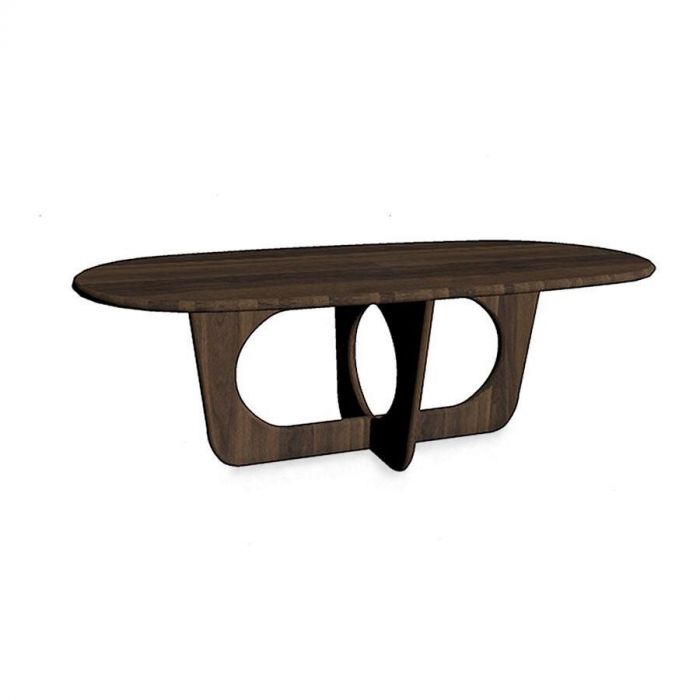 Eettafel Aseri van Profijt Meubel in ovale vorm met gekruist onderstel en open ronde details, uitgevoerd in Mango Brown Walnut.