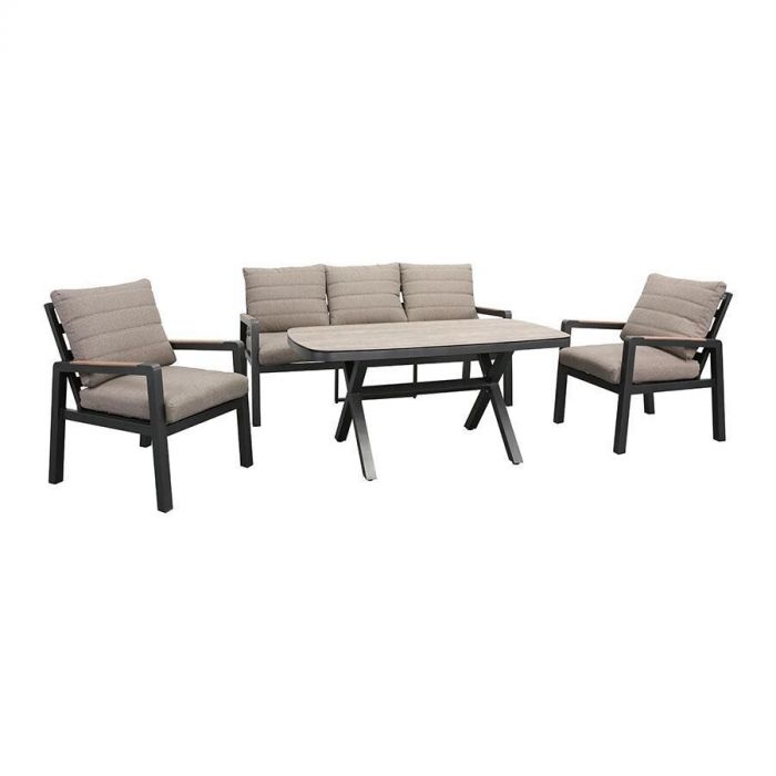 Complete Donna loungeset van SenS-Line met een 3-zitsbank, twee loungestoelen en een tuintafel, uitgevoerd in antraciet met houtlook details.